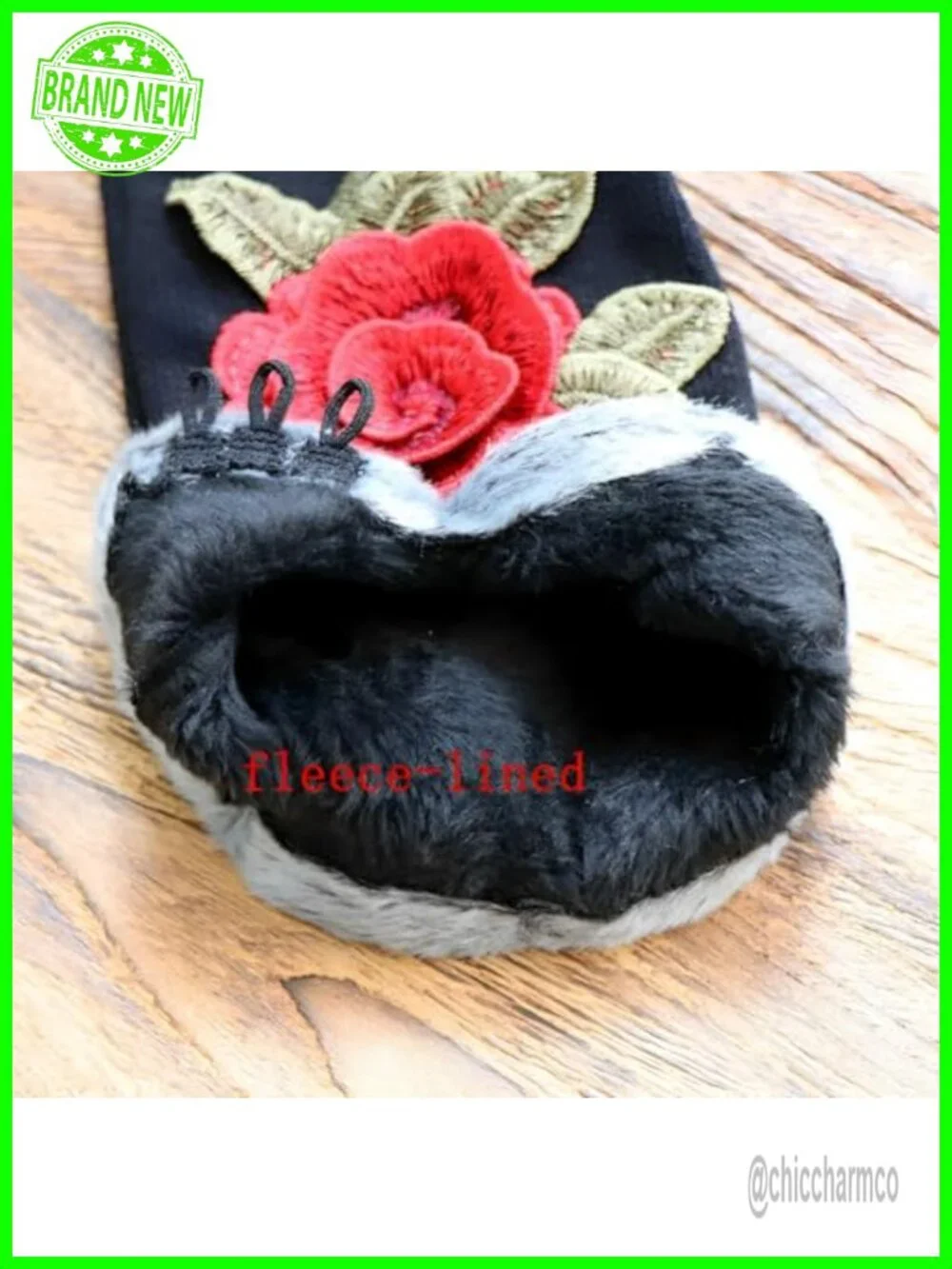 Winter Warm Mittens Fleece Lining Touchscreen Fingertips Embroidered Flowers